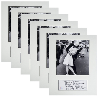 Lot of (6) New York Times Square Sailor George Mendonsa Signed V-J Day Kiss Photo Displays (PSA/DNA)